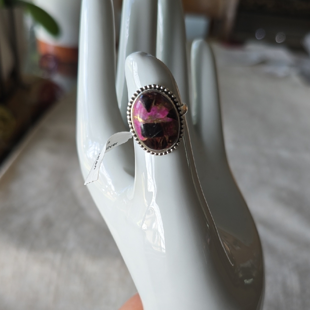 925 Sterling Silver Pink Dalmation Stone Ring~Sz 7